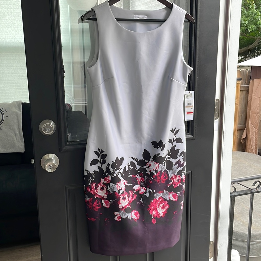 BNWT Calvin Klein gray dress with black, pink and purple floral detail size 12